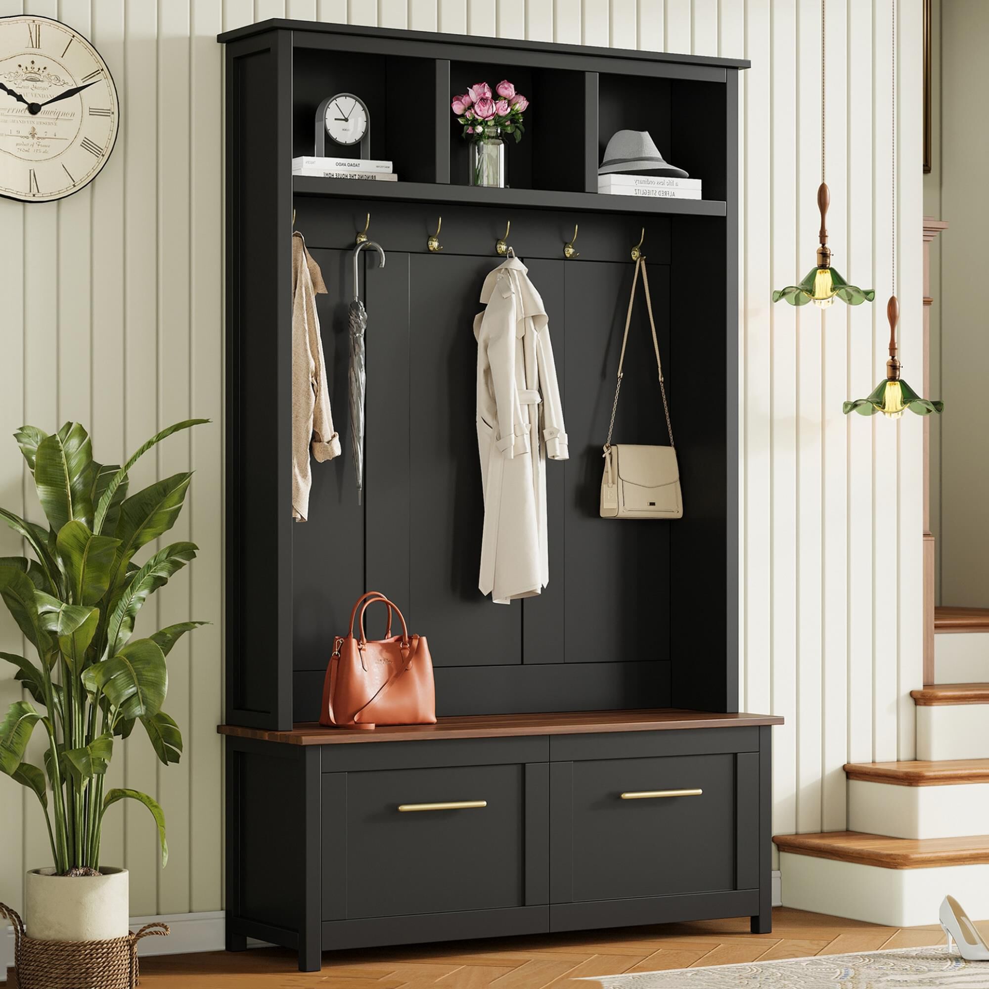 ✨PLANTATION✨ ドット柄 ✨ボトルネック✨ガーゼチュニック✨ 2 ✨黒 HOMLUX 6-Hook Hall Tree with 2-Drawer in Black