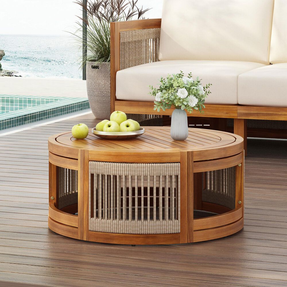 Hearth and Haven Outdoor Round Acacia Wood Coffee Table with Handwoven Rope Accents in Natural, , large