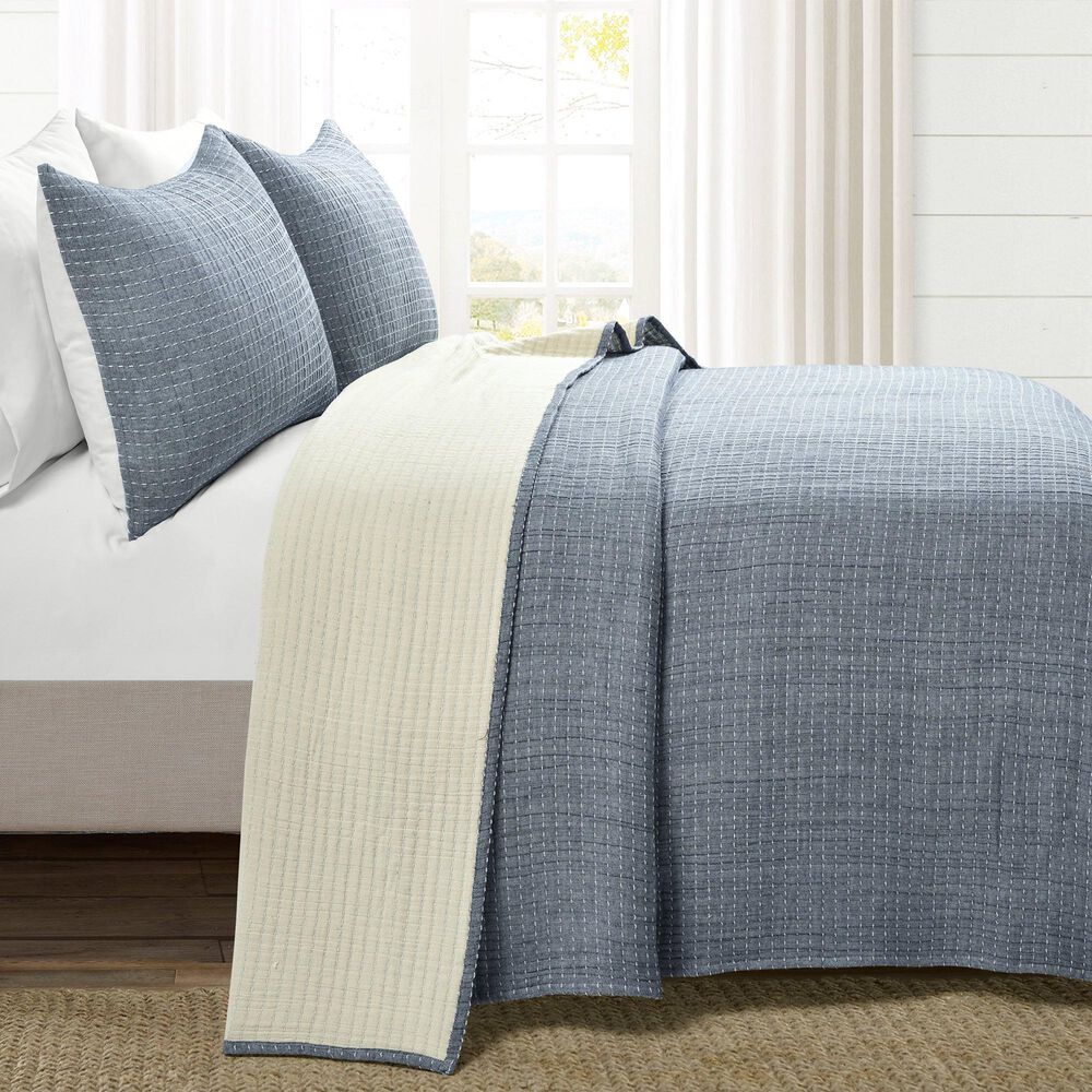 Triangle Home Fashions Pick Stitch 3-Piece King Quilt Set in Navy and Off White, , large