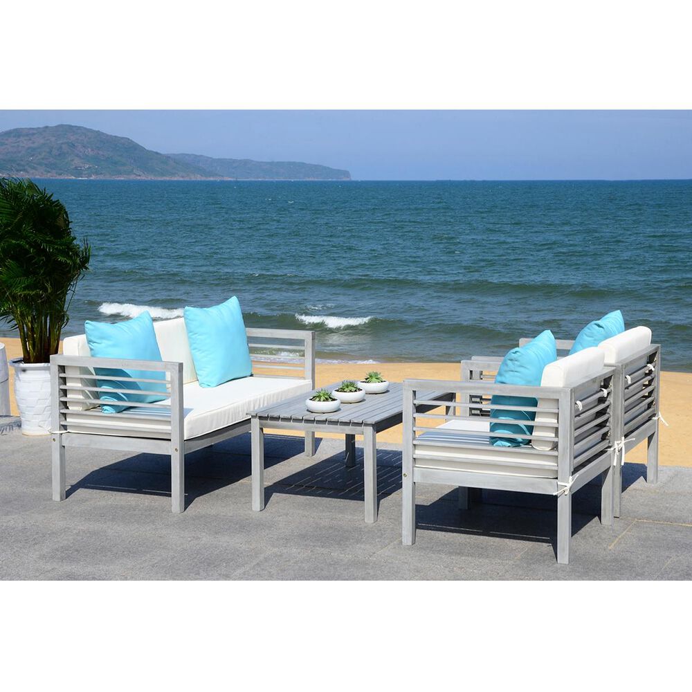 Safavieh Alda 4-Piece Outdoor Set with Accent Pillows in Grey Wash, White, Light Blue, , large