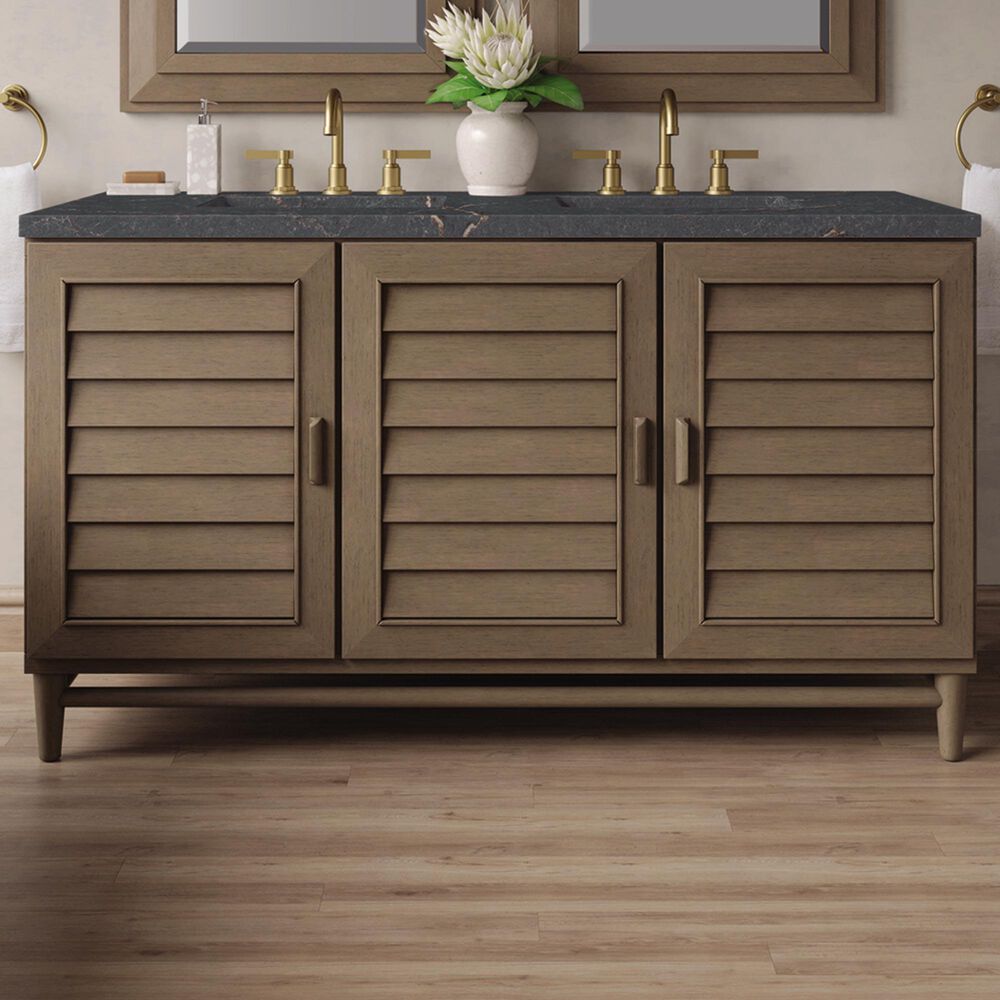 James Martin Vanities Portland 60&quot; Double Bathroom Vanity in Whitewashed Walnut with 3 cm Parisien Bleu Quartz Top and Rectangular Sinks, , large