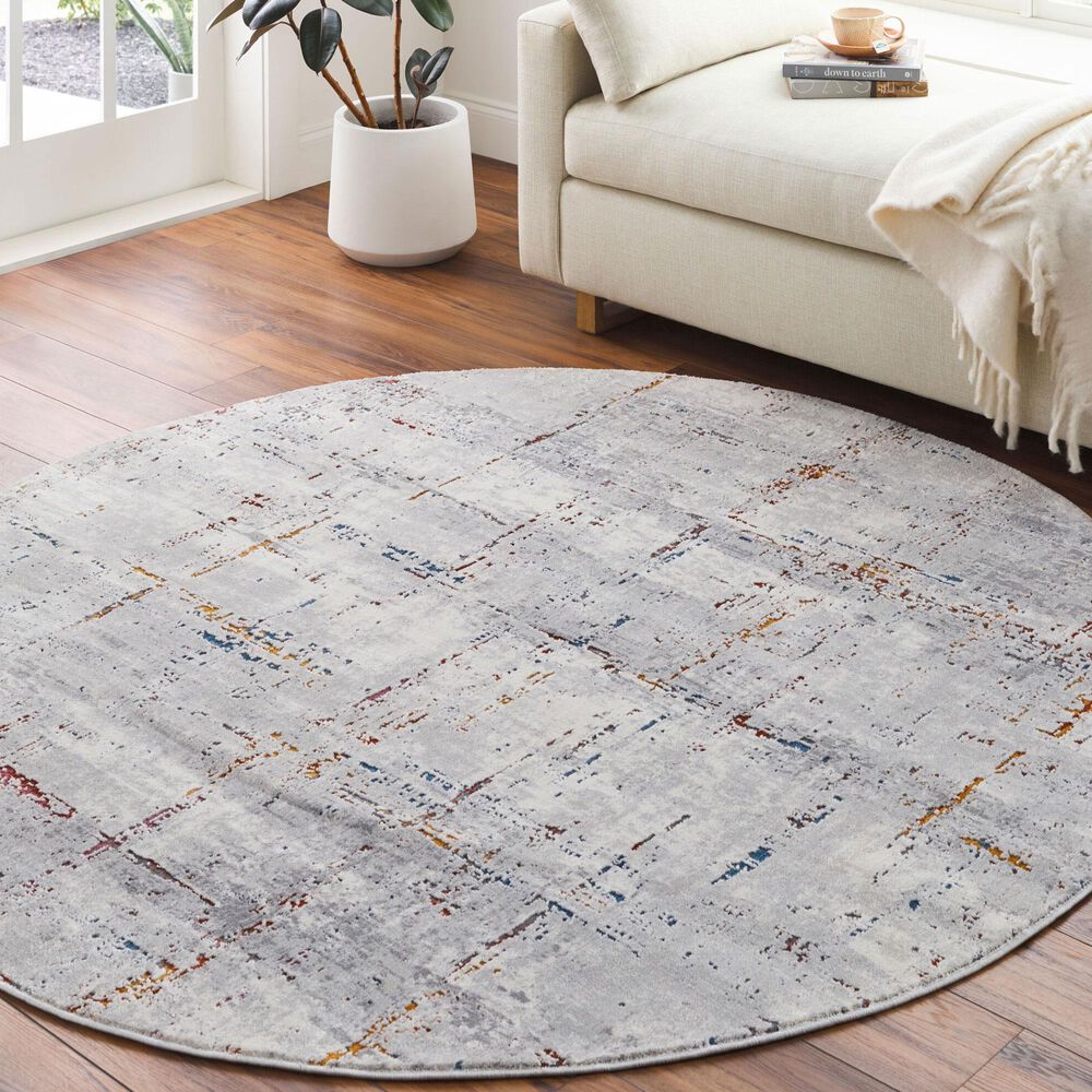 Surya Aisha 7&#39;10&quot; Round Charcoal, Gray, Dark Blue, Off-White, Burgandy and Burnt Orange Area Rug, , large