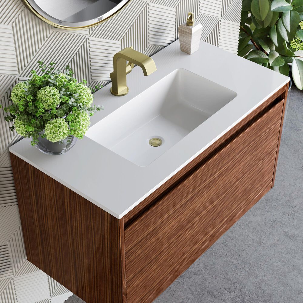 James Martin Vanities Mantova 35.4&quot; Single Vanity in Mid-Century Walnut and Champagne Brass with 3 cm Glossy White Composite Stone Top and Rectangular Sink, , large