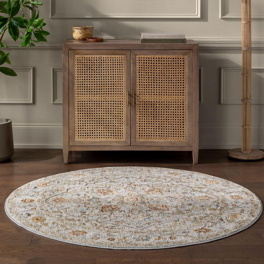Surya Reina Light Gray, Cream, Denim, Mustard, Rust, Olive and Light Brown 5'3" Round Area Rug, , large