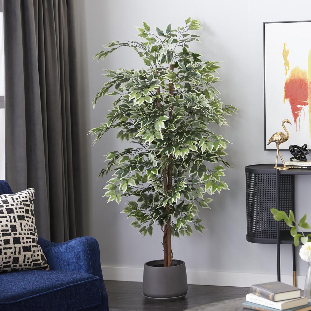 Maple and Jade Indoor/Outdoor Tall Artificial Ficus with Black Plastic Pot in Green and Brown, , large