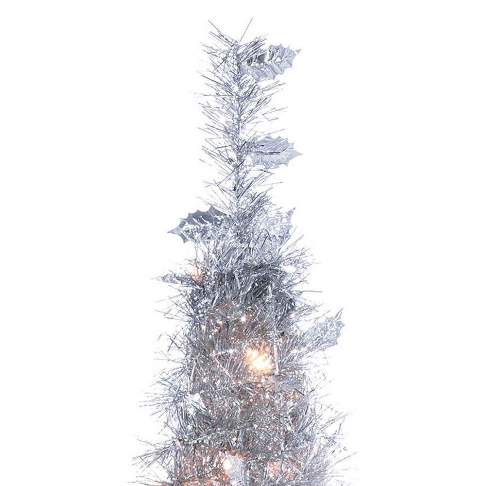 The Gerson Company 6&#39; Pop-Up LED Silver Tinsel Tree with Holly Leaves in Silver, , large