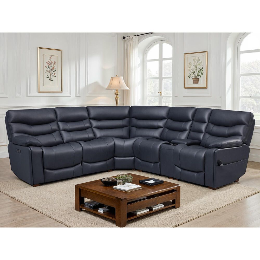 Oxford Furniture 6-Piece Leather Power Reclining Sectional with Power Headrests in Tampa Indigo, , large