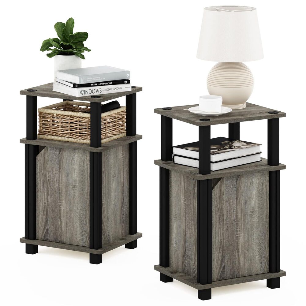 HOMLUX 3-Tier End Table with Door in French Oak Grey and Black (Set of 2), , large
