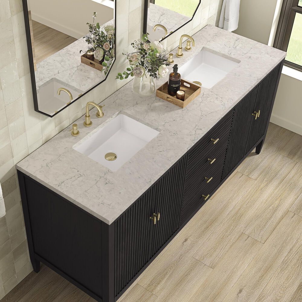 James Martin Vanities Myrrin 72&quot; Double Vanity in Carbon Oak with 3 cm Eternal Jasmine Pearl Quartz Top, , large