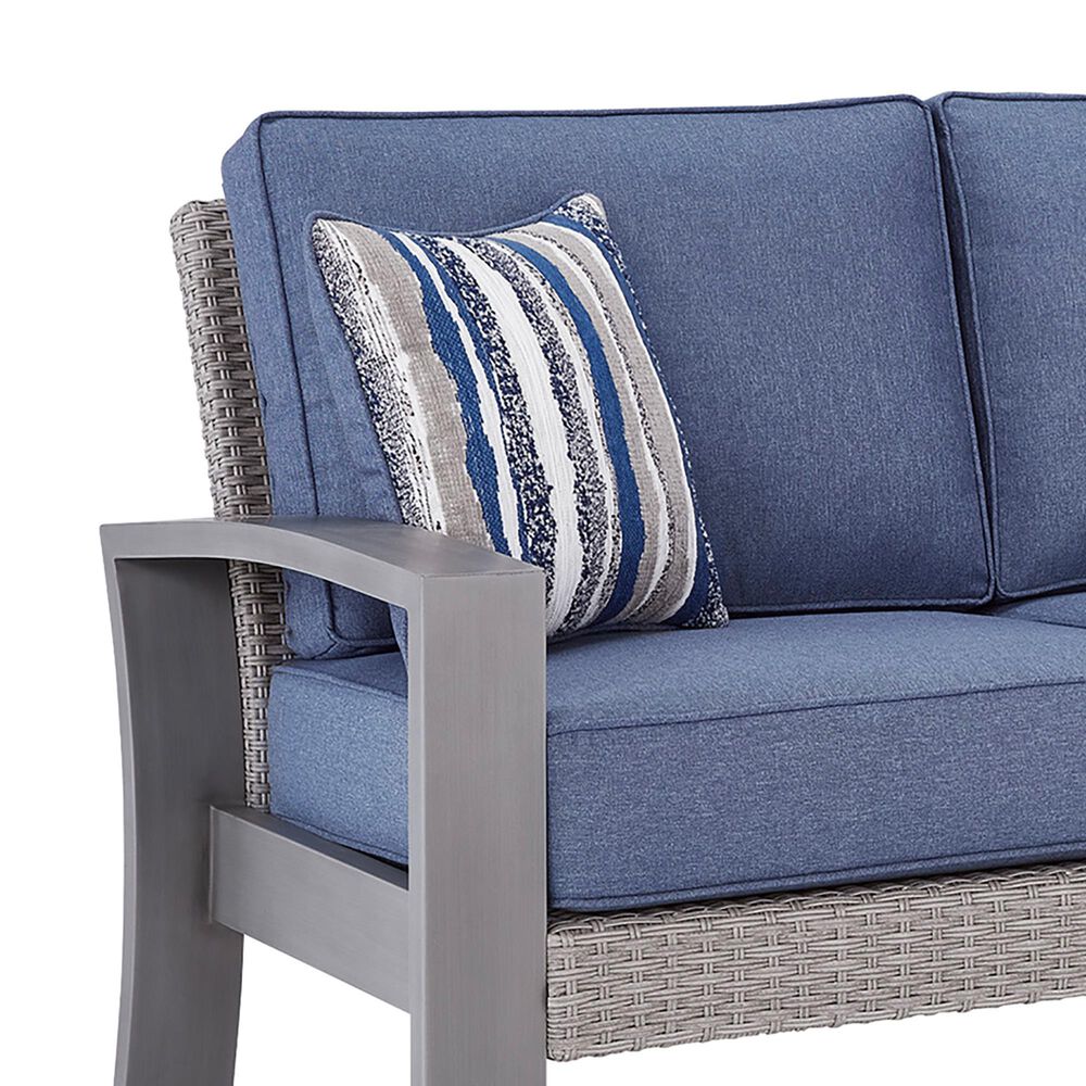 Ashley Half Moon Beach Stationary Sofa with Blue Cushions in Gray, , large