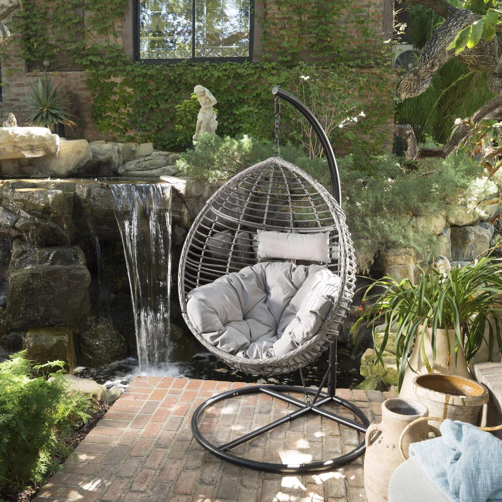 Noble House Layla Hanging Basket Chair and Stand in Multi-Brown, , large