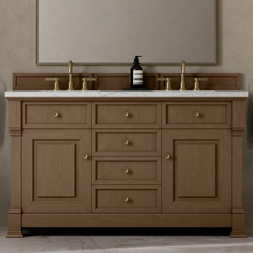 James Martin Vanities Brookfield 60" Double Bathroom Vanity in Pecan with 3 cm Eternal Jasmine Pearl Quartz Top and Rectangular Sinks, , large