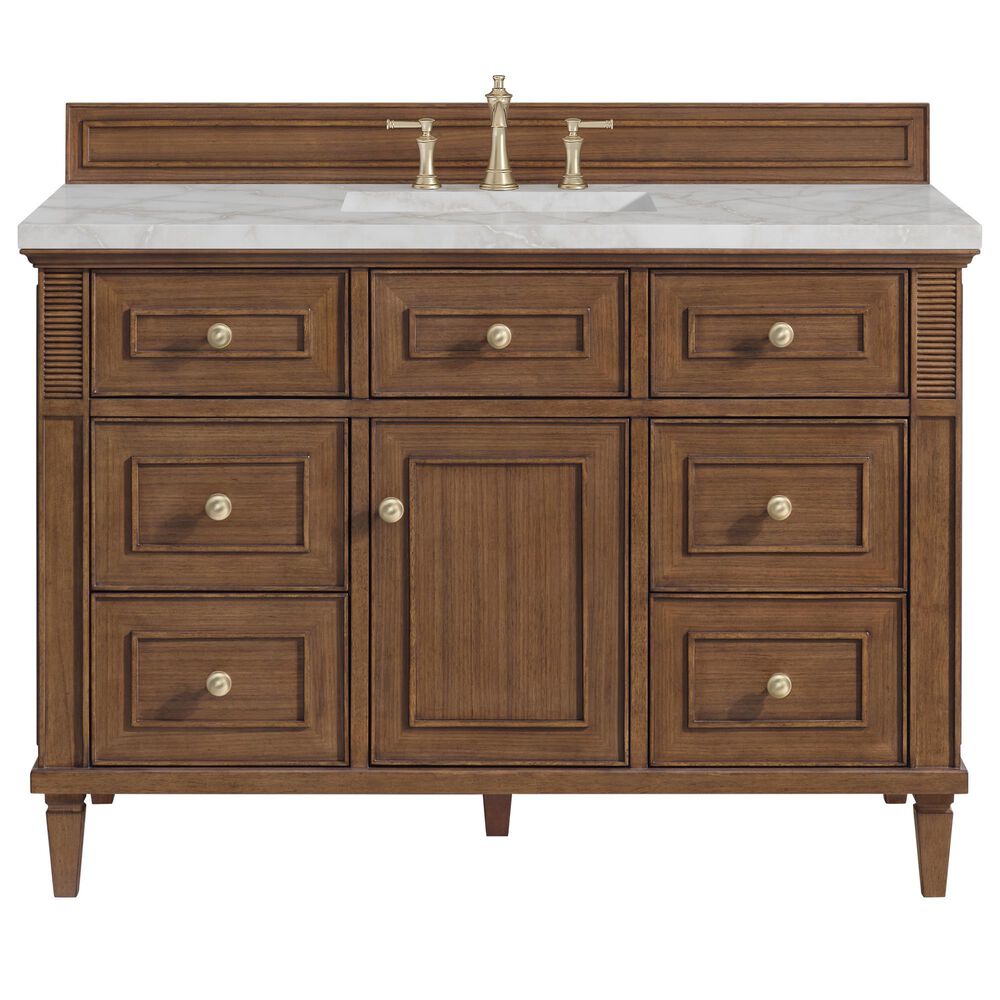 James Martin Vanities Lorelai 48" Single Bathroom Vanity in Mid-Century Walnut with 3 cm Eternal Jasmine Pearl Silestone Top, Rectangular Sink and FreePower Wireless Charger, , large