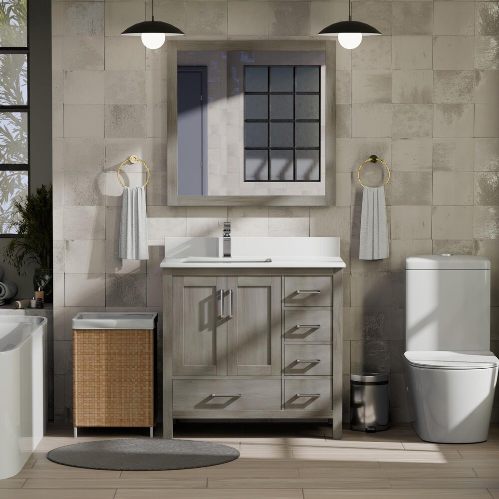 Lexora Home Jacques 36" Left Offset Single Bathroom Vanity in Distressed Grey with 2 cm White Cultured Marble Top and Rectangular Sink, , large