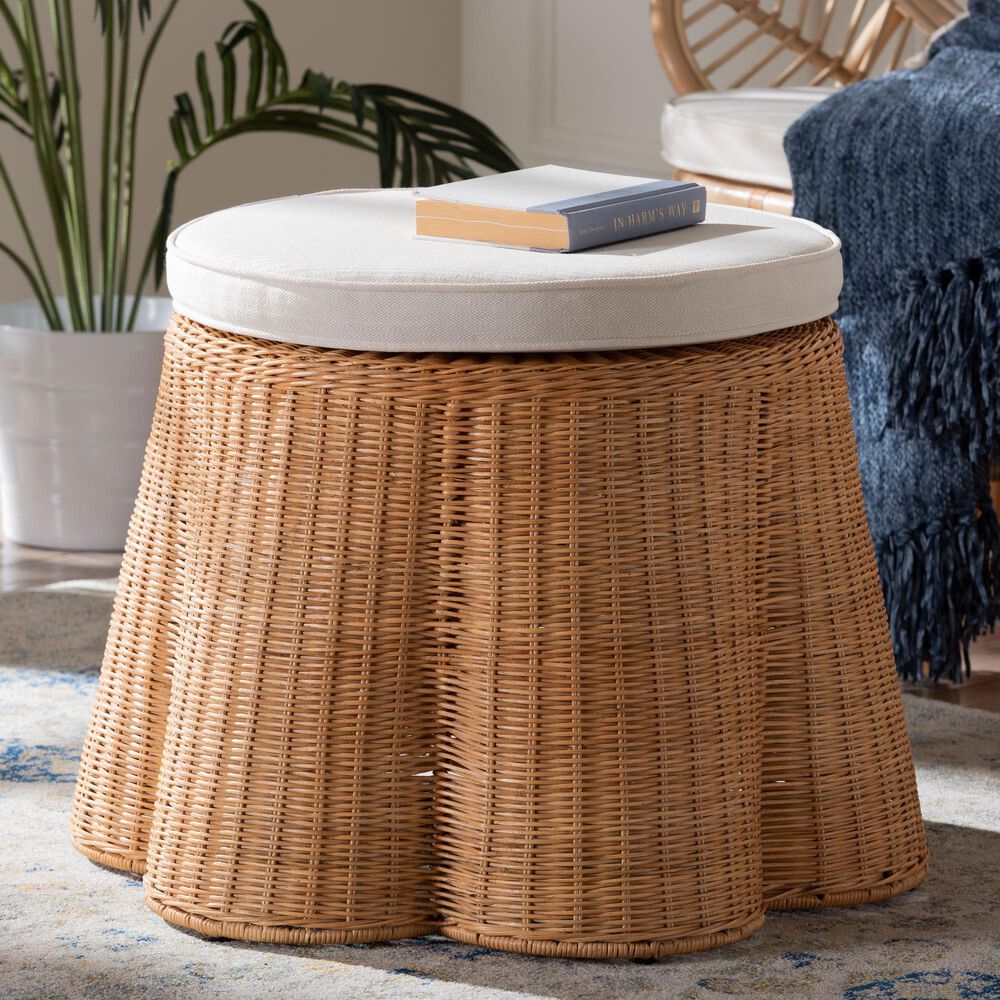 bali &amp; pari Palm 26" Round Ottoman with Light Honey Rattan in White, , large