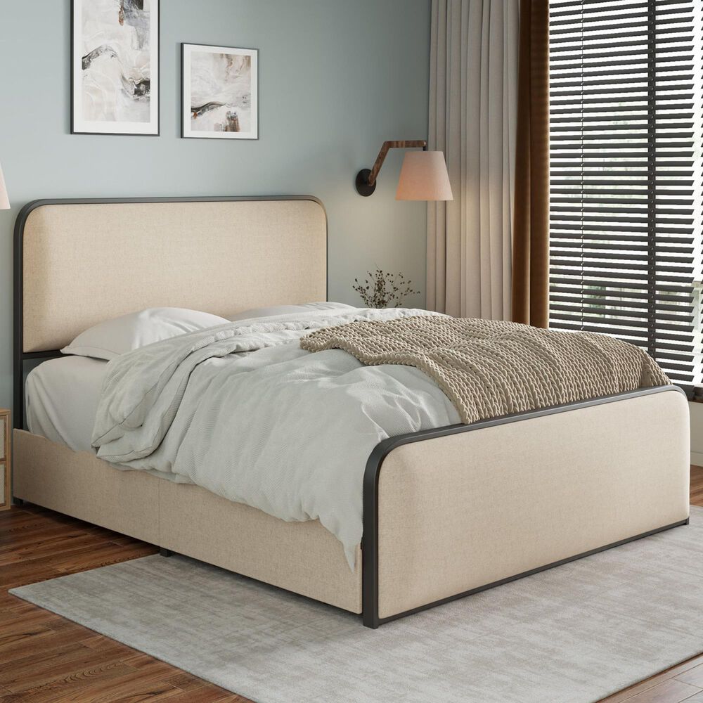 Hearth and Haven King Storage Bed Platform with Upholstered Headboard in Beige, , large