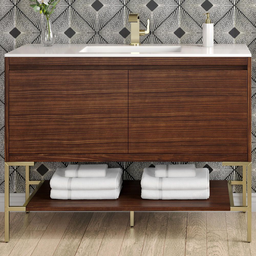 James Martin Vanities Mantova 47.3&quot; Single Vanity in Mid-Century Walnut and Champagne Brass with 3 cm Glossy White Composite Stone Top and Rectangular Sink, , large