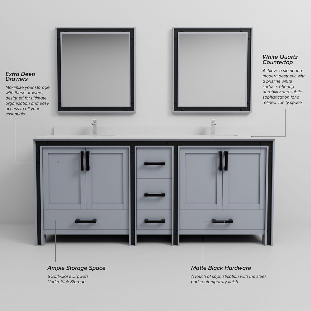 Lexora Home Ziva 80" Double Bathroom Vanity in Dark Grey with 2 cm White Quartz Top and Rectangular Sinks, , large