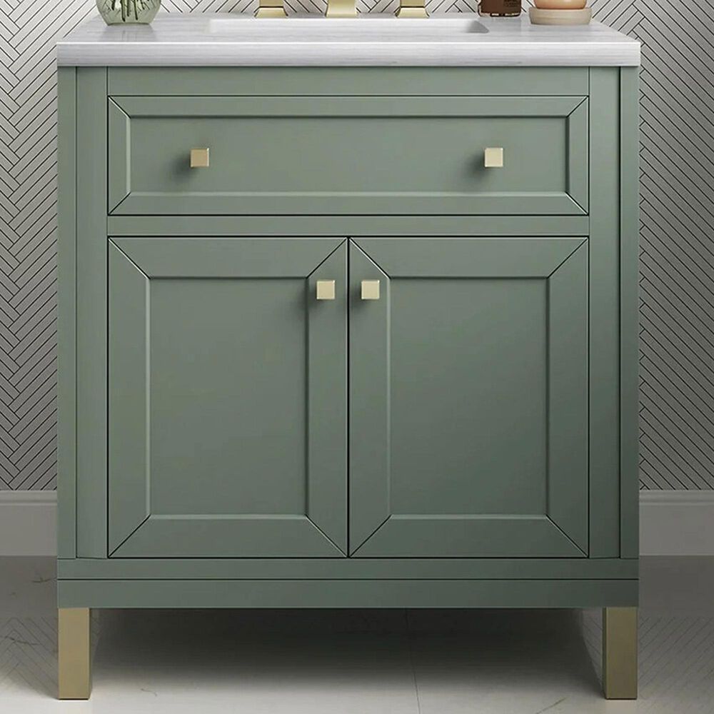 James Martin Vanities Chicago 30&quot; Single Bathroom Vanity in Smokey Celadon with 3 cm Arctic Fall Solid Surface Top and Rectangular Sink, , large