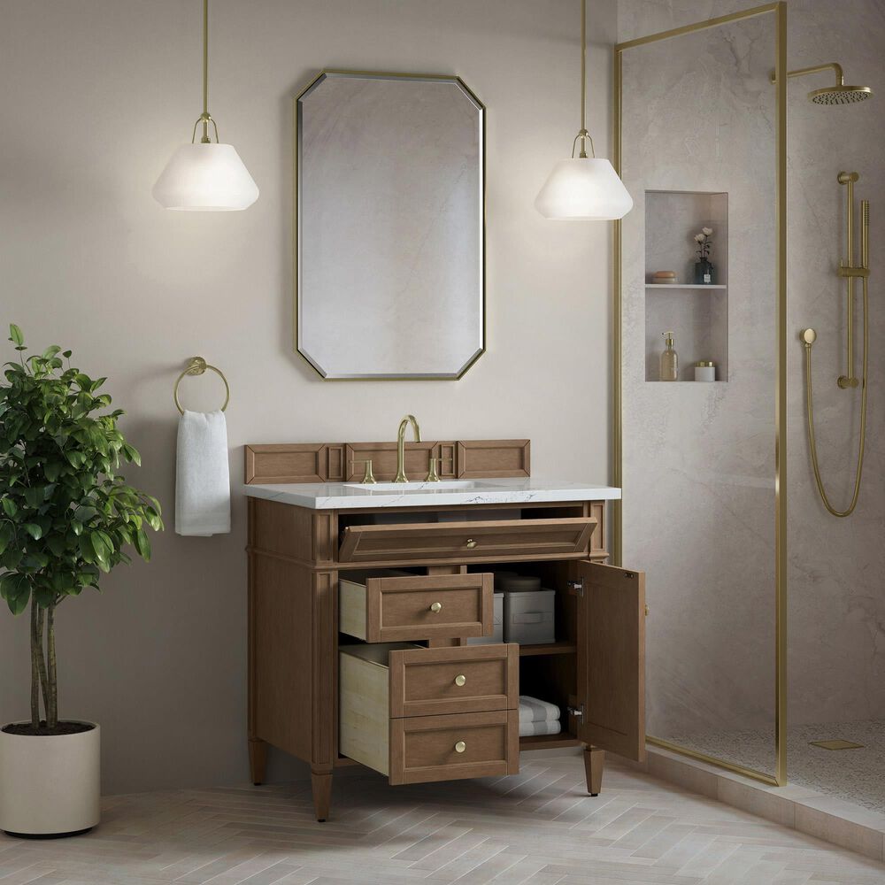 James Martin Brittany 36" Single Bathroom Vanity in Pecan with 3 cm Ethereal Noctis Silestone Top and Rectangular Sink, , large