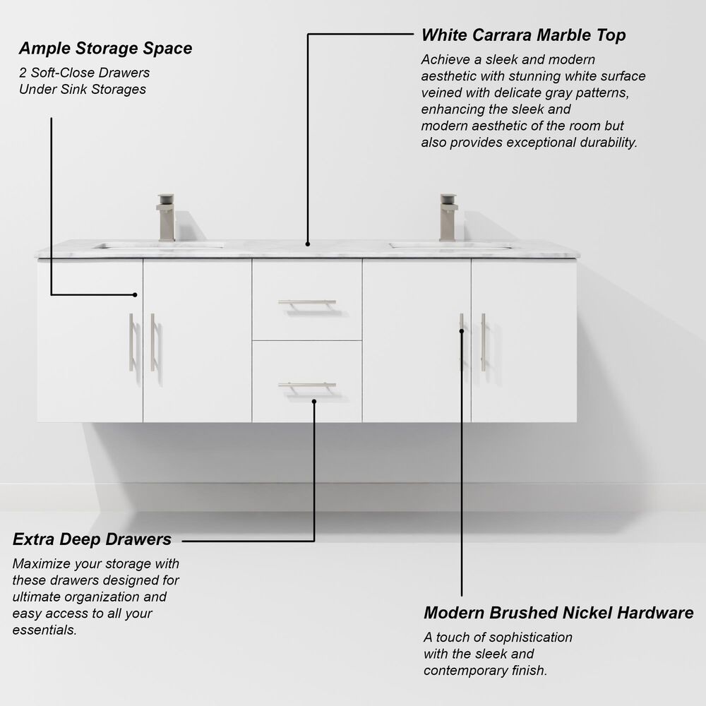 Lexora Home Geneva 60" Double Bathroom Vanity in Glossy White with 2 cm White Carrara Marble Top and Rectangular Sinks, , large