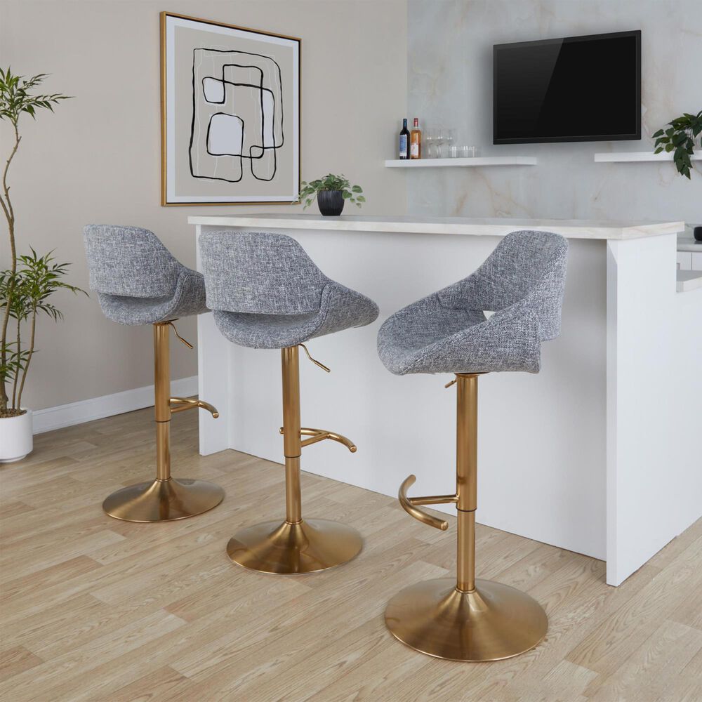 LumiSource Fabrico Swivel Adjustable Bar Stool with Grey Noise Fabric Upholstery and Rounded T Footrest in Gold (Set of 2), , large
