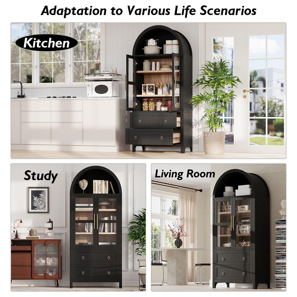 HOMLUX 71" Arched Kitchen Pantry Cabinet in Black, , large