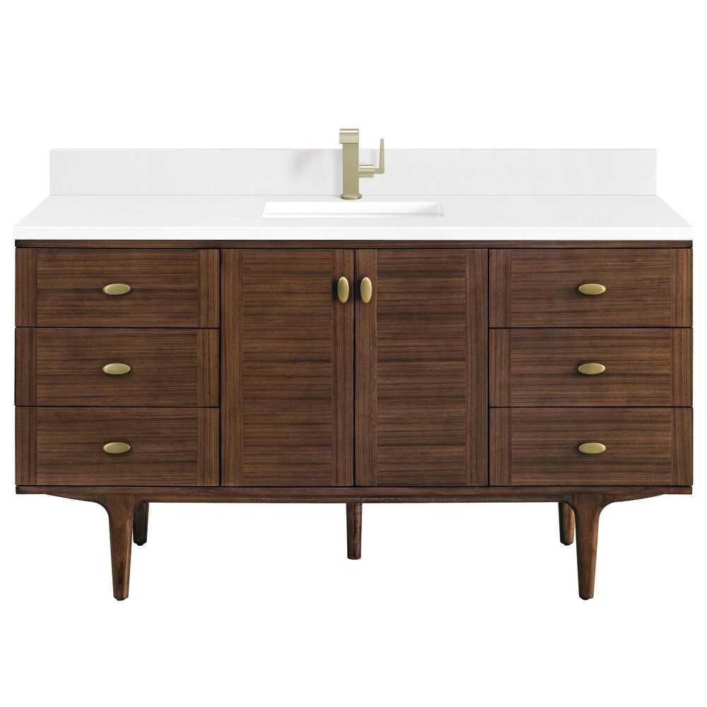 James Martin Vanities Amberly 60" Single Bathroom Vanity in Mid-Century Walnut with Single Hole 3 cm White Zeus Quartz Top and Rectangular Sink, , large