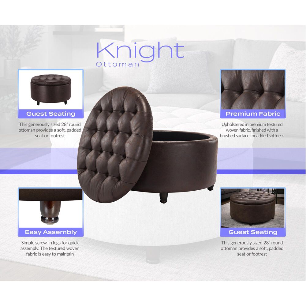 Regency Global Sourcing Knight 28" Round Storage Ottoman in Brown Faux Leather, , large