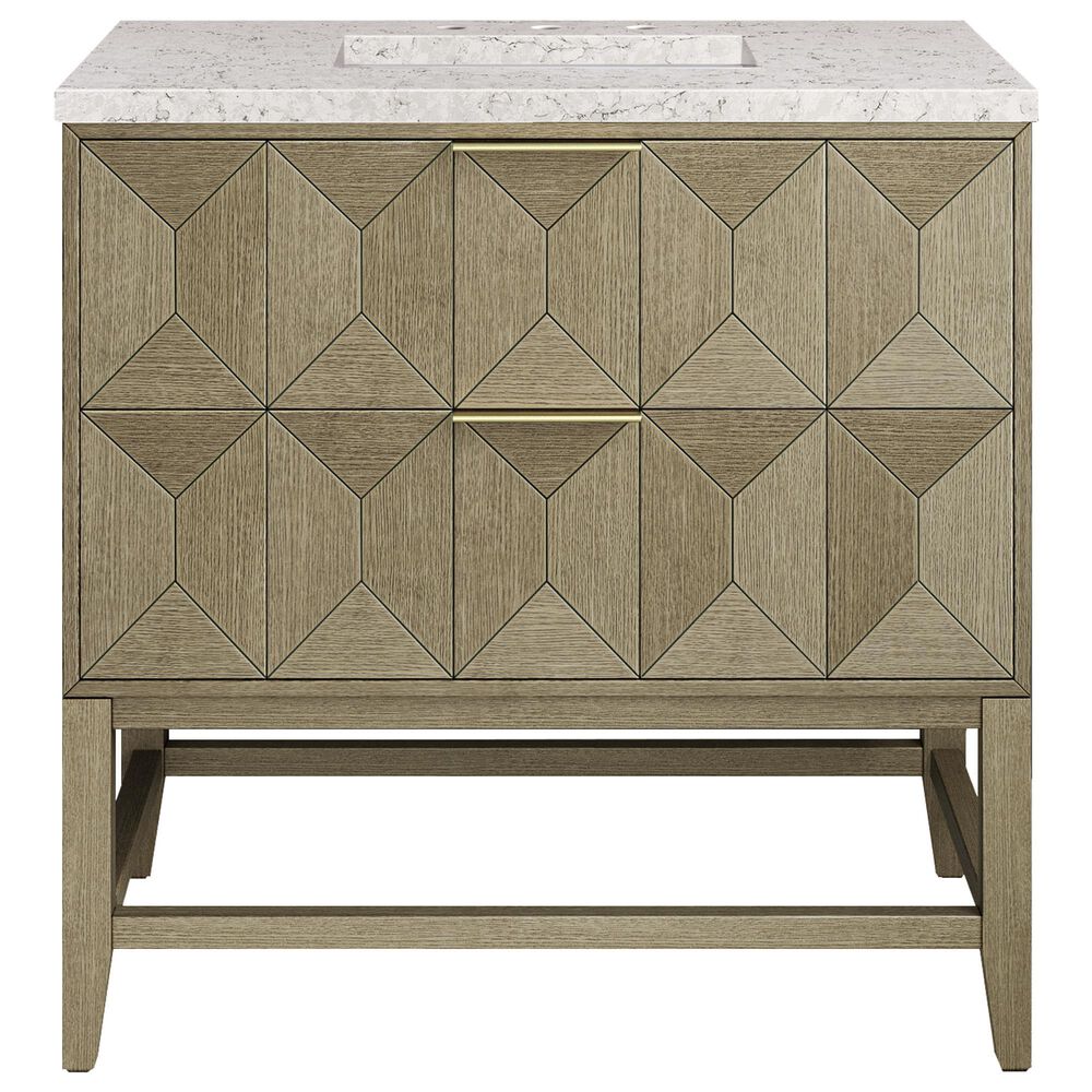 James Martin Vanities Emmeline 36" Single Bathroom Vanity in Pebble Oak with 3 cm Eternal Jasmine Pearl Quartz Top and Rectangular Sink, , large