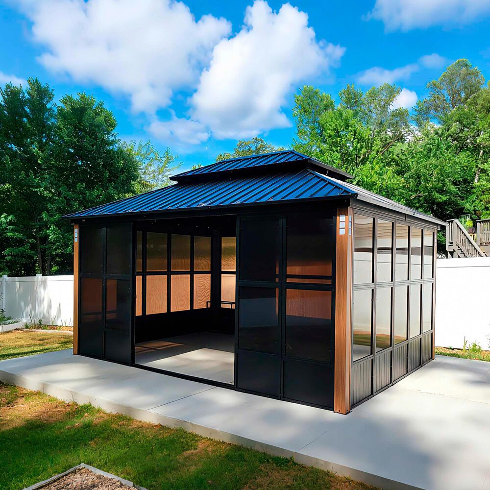 HOMLUX 12' x 14' Outdoor Hardtop Sunroom Gazebo with Aluminum Frame in Black, , large
