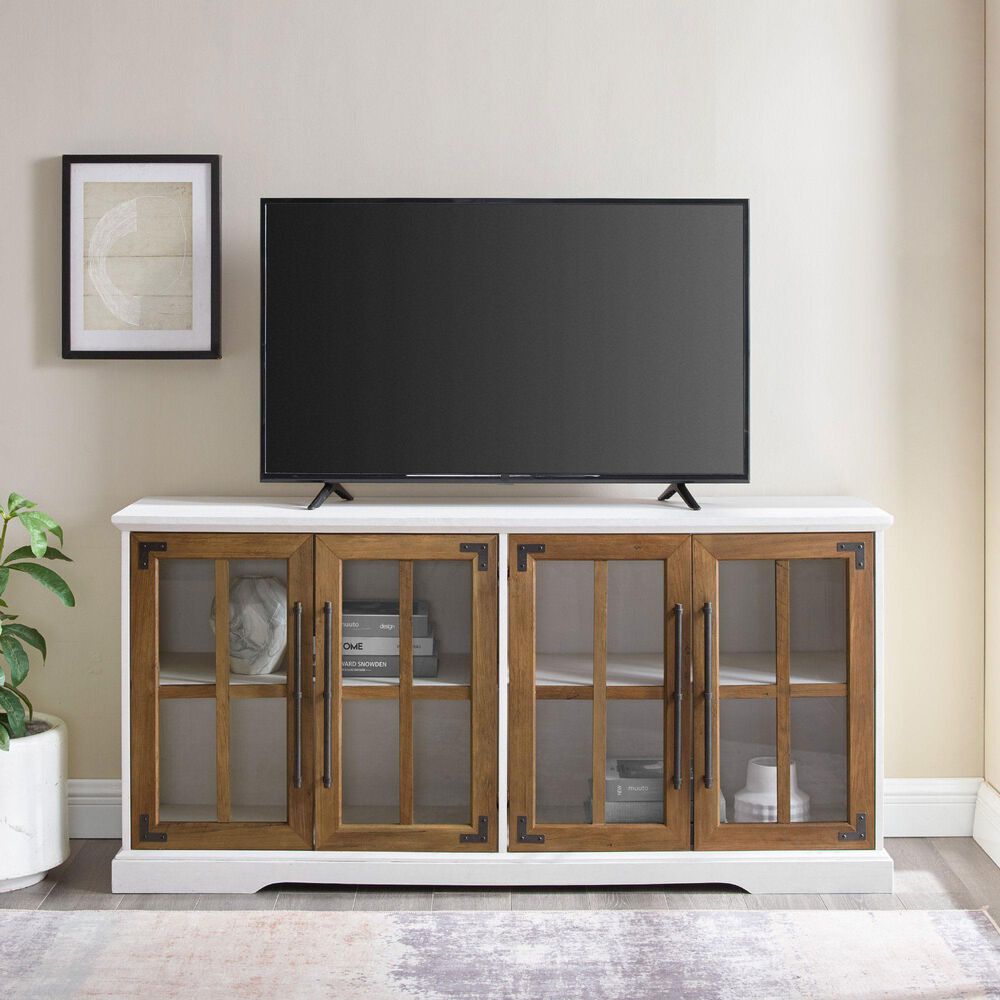Walker Edison Abigail 58&quot; TV Stand in Brushed White/Rustic Oak, , large