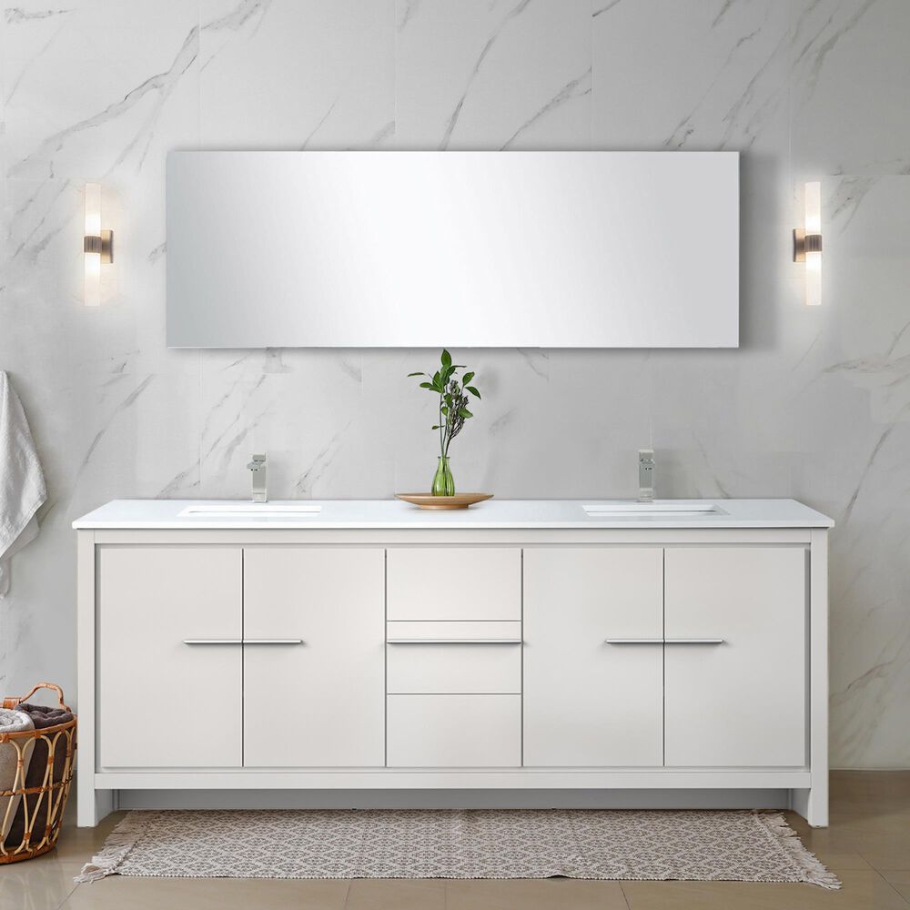 Lexora Home Lafarre 80&quot; Double Bathroom Vanity in Rustic Acacia with 2 cm White Cultured Marble Top, Rectangular Sinks and 70&quot; Mirror, , large