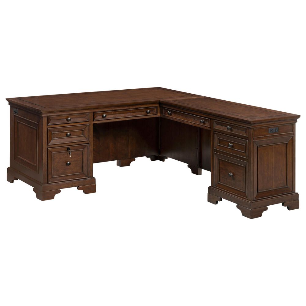 Riva Ridge Arlington 3-Piece L-Shaped Desk and Display Cabinet Set in Classic Brown, , large