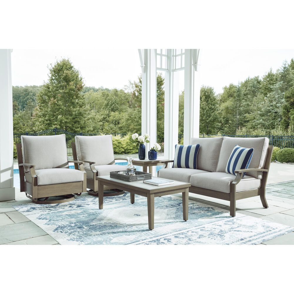 Ashley Rainier Ranch Outdoor Loveseat with Beige Cushion in Brown, , large