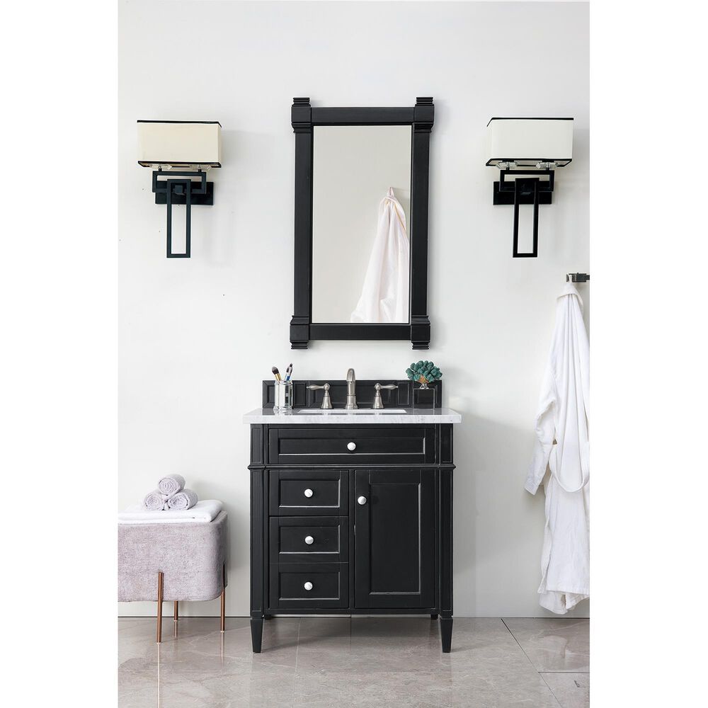 James Martin Vanities Brittany 30&quot; Single Bathroom Vanity in Black Onyx with 3 cm Carrara White Marble Top and Rectangle Sink, , large