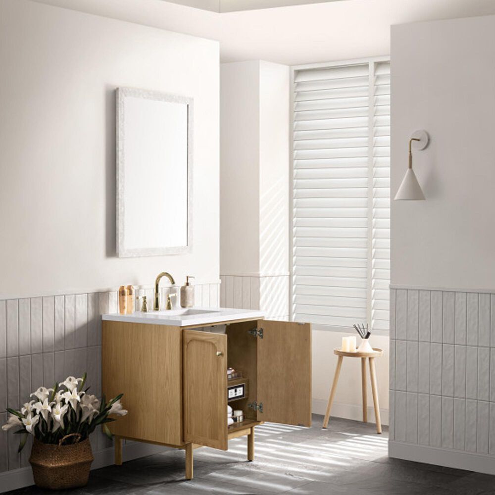 James Martin Vanities Laurent 30&quot; Single Bathroom Vanity in Light Natural Oak with 3 cm White Zeus Quartz Top and Rectangular Sink, , large