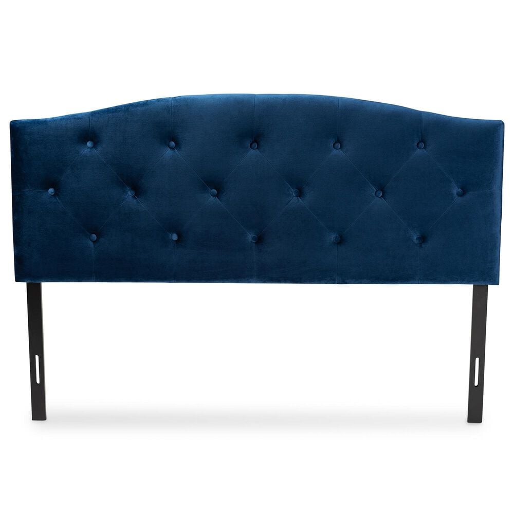 Baxton Studio Leone King Panel Headboard with Navy Blue Velvet in Dark Brown, , large