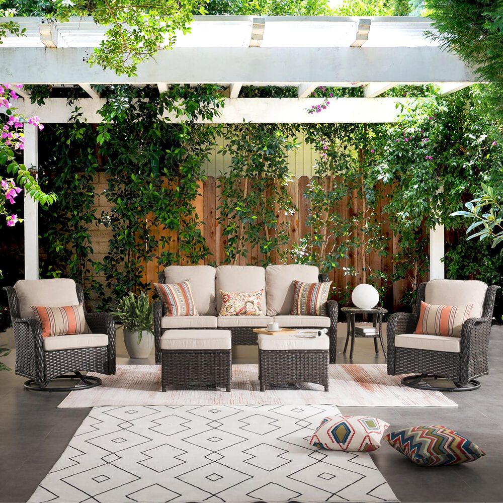 HOMLUX HOMLUX 6-Piece Patio Furniture Set with Swivel Rocking Chairs, High Back Outdoor Wicker Sofa Couch, Brown Rattan in Beige, , large