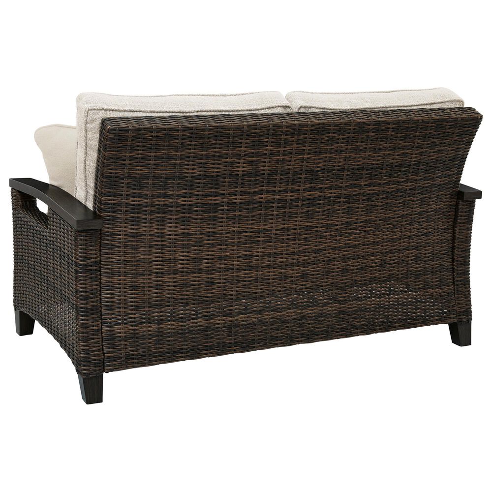 Ashley Monterey Point Stationary Loveseat with Beige Cushions in Dark Brown, , large