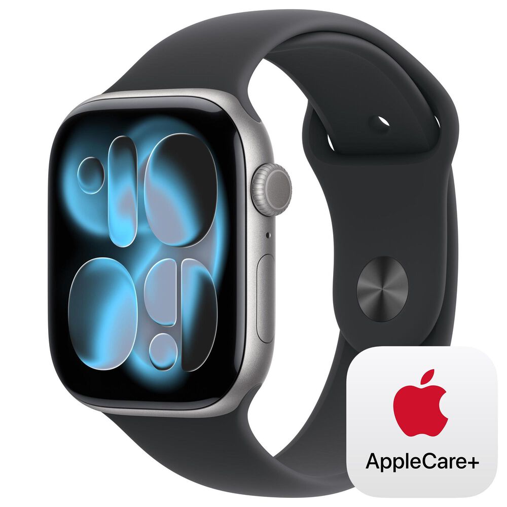 Apple Watch Series 11 (GPS) 46mm Aluminum Case with Black Sport Band - S/M in Space Gray and 2-Year AppleCare+, , large