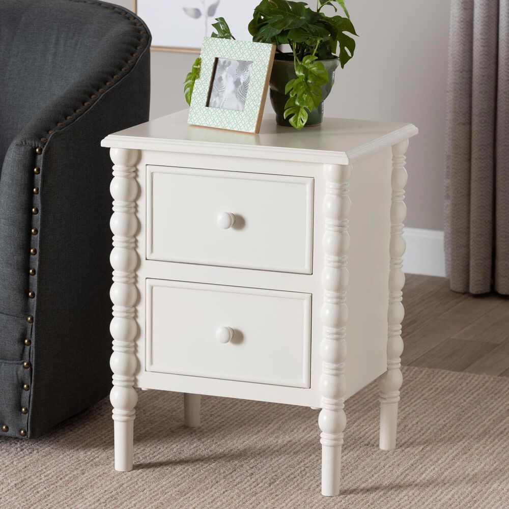 Baxton Studio Malinda 2-Drawer End Table with Spindle Legs in White, , large