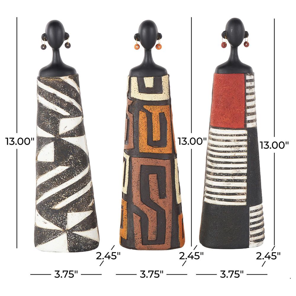 Maple and Jade African Woman Decorative Sculpture with Red, Orange, and White Dresswear in  Black Set of 3, , large