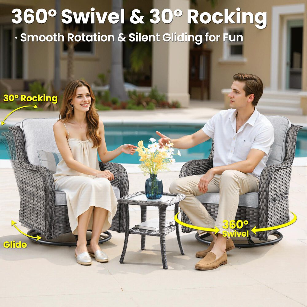 HOMLUX 7-Piece Patio Set with 42 Inch Fire Pit Table, Outdoor Wicker Sofa and Swivel Rocking Chairs, Grey Rattan in Gray, , large