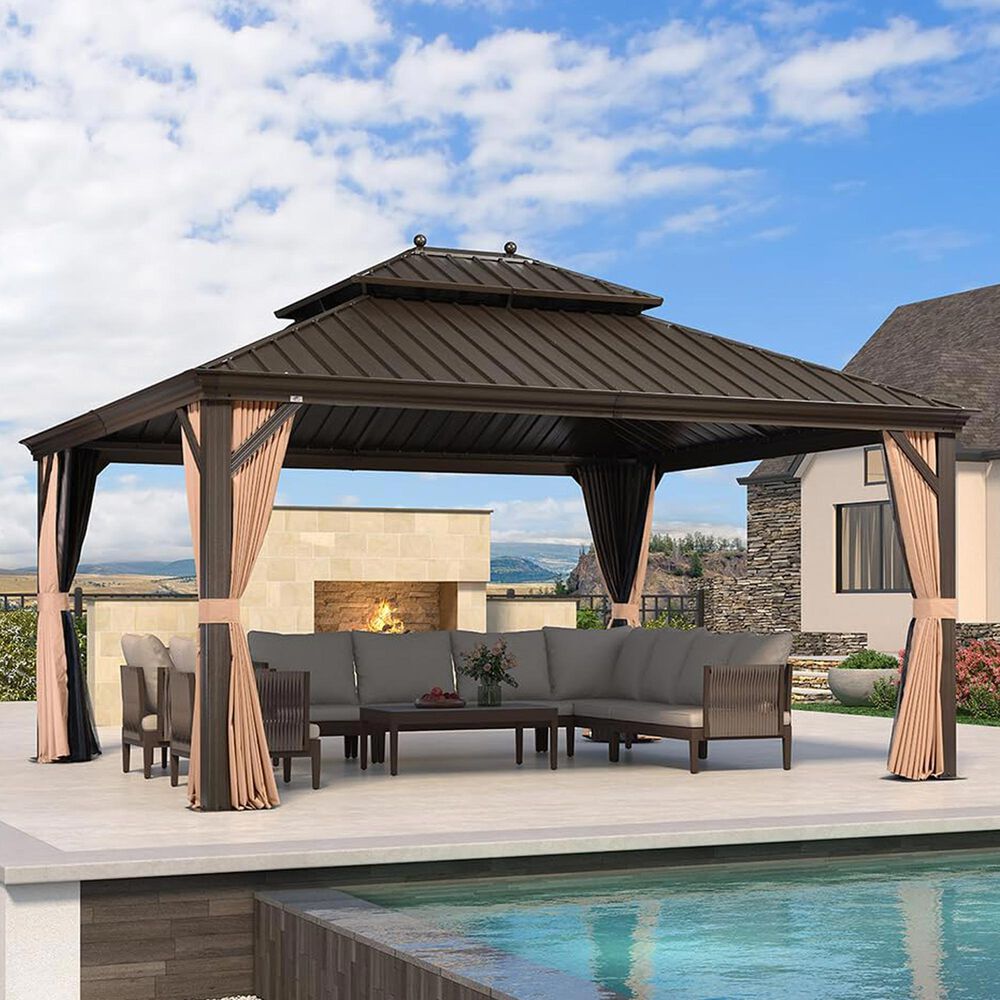 HOMLUX 13' x 15' Outdoor Hardtop Gazebo with Galvanized Steel in Brown, , large