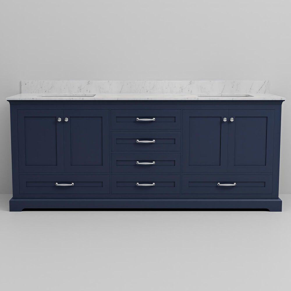 Lexora Home Dukes 80&quot; Double Bathroom Vanity in Navy Blue with 2 cm White Carrara Marble Top and Rectangular Sinks, , large