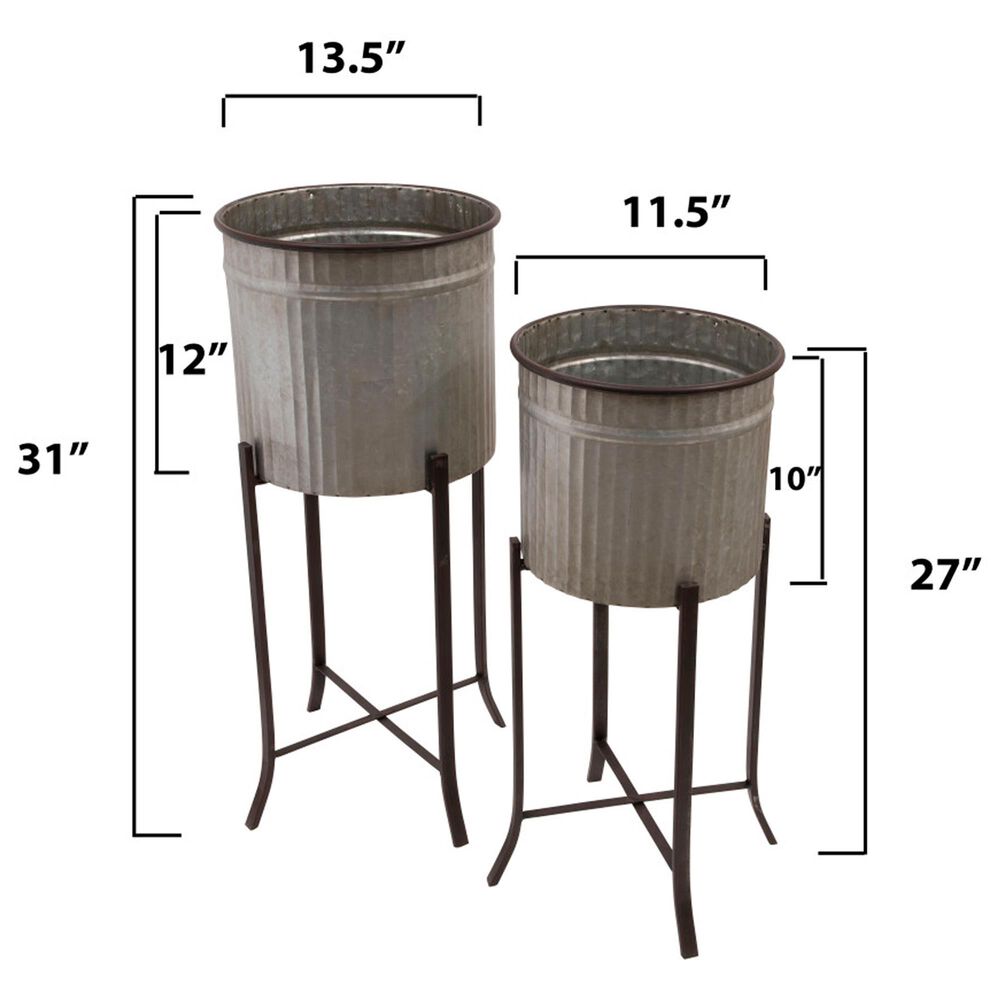 Creative Coop 2-Piece Round Corrugated Metal Planter on Stand Set in Silver and Black, , large