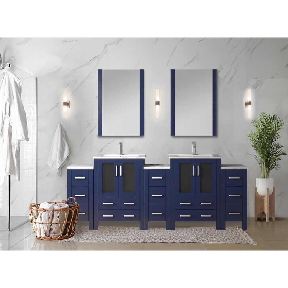 Lexora Home Volez 84&quot; Double Bathroom Vanity in Navy Blue with White Ceramic Top and Rectangular Sinks, , large