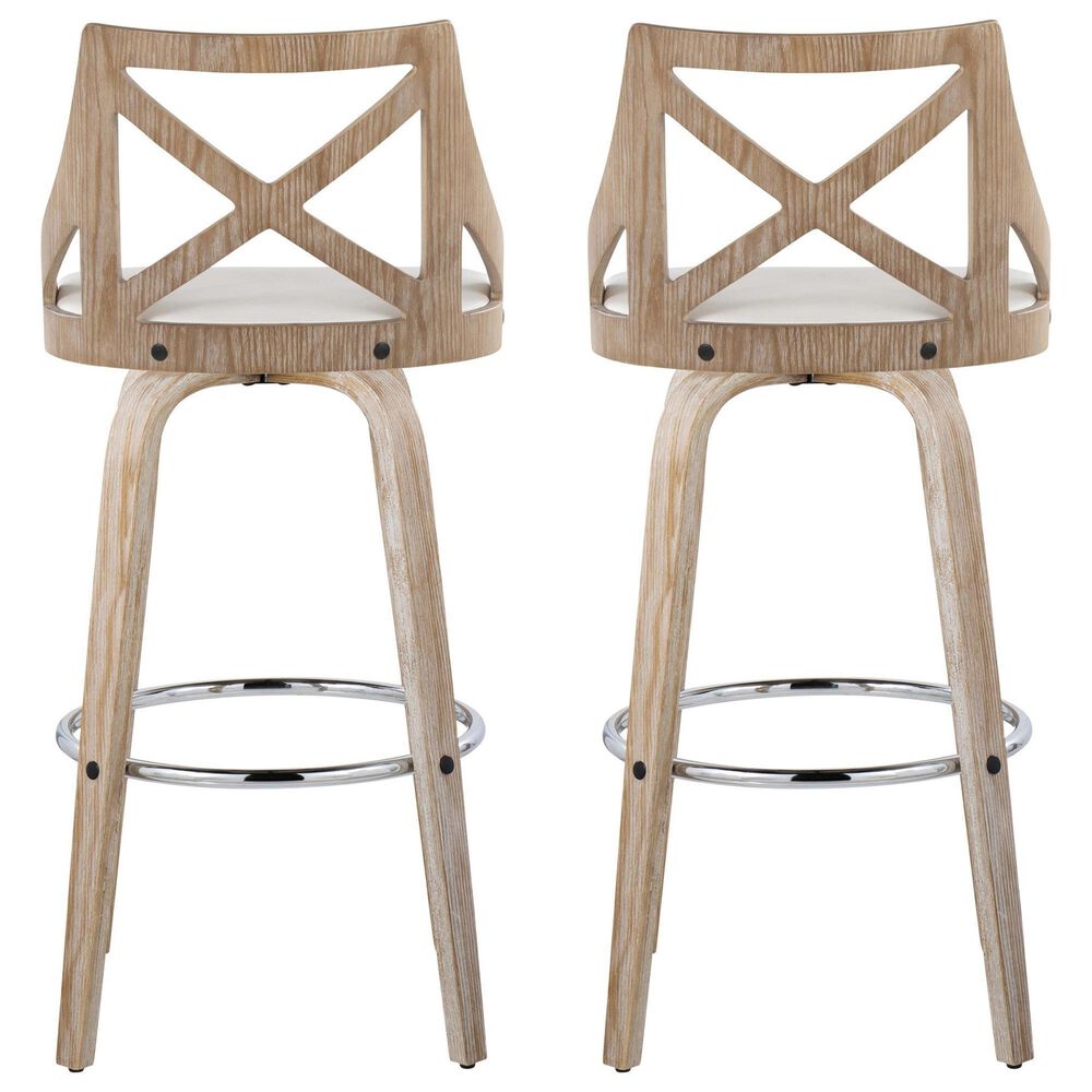 LumiSource Charlotte Swivel Bar Stool with White Faux Leather Upholstery in Whitewashed and Chrome (Set of 2), , large