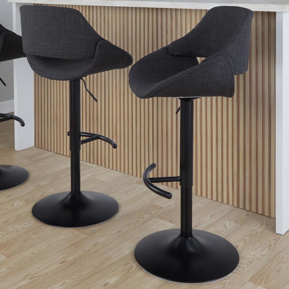LumiSource Fabrico Swivel Adjustable Bar Stool with Charcoal Fabric Upholstery and Rounded T Footrest in Black (Set of 2), , large